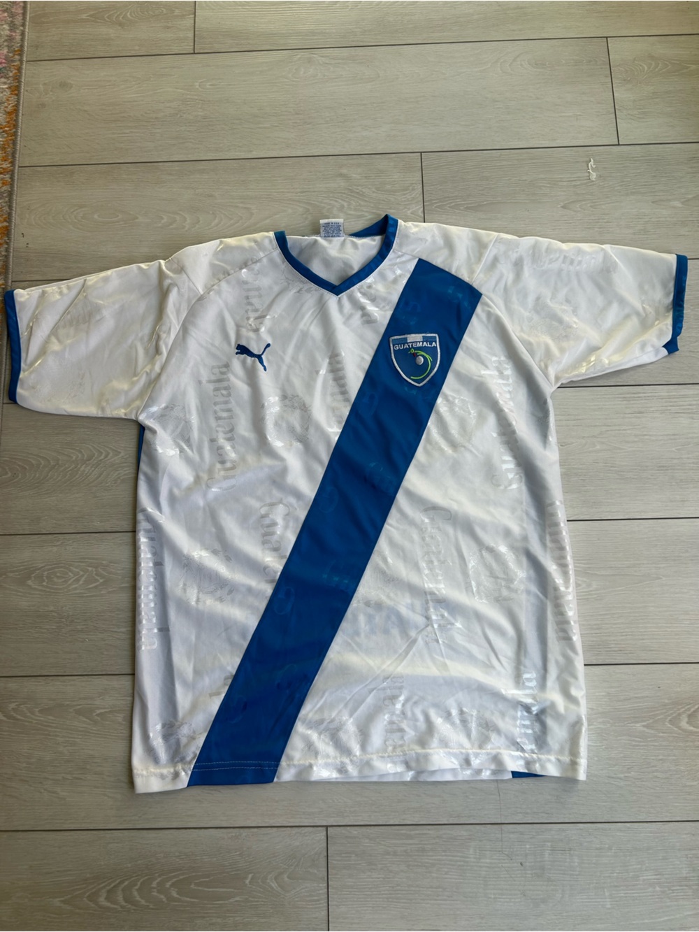 Guatemala Puma White Soccer Jersey with Blue Diagonal Sash